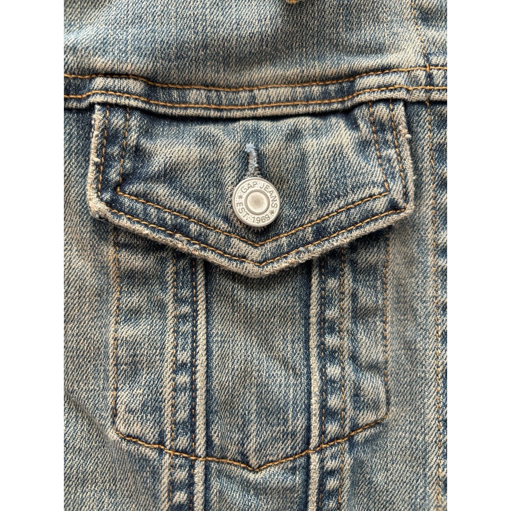 GAP Women's Medium Wash Stretch Long Sleeve Button Up Distressed Jean Jacket - S - Picture 3 of 11
